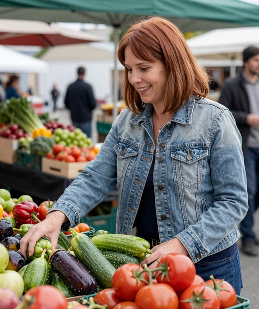 Friendly auburn-haired woman in her late forties at an outdoor farmers market, a real casual profile photo on LunaMeet