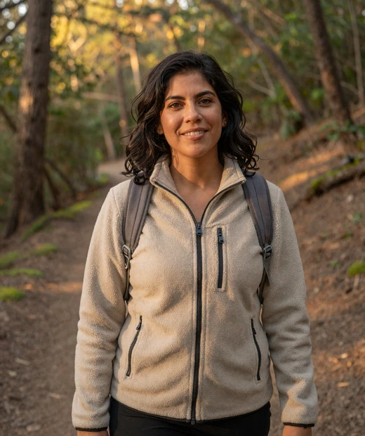Woman in her late forties with dark wavy hair hiking on a wooded trail, a genuine casual profile photo on LunaMeet