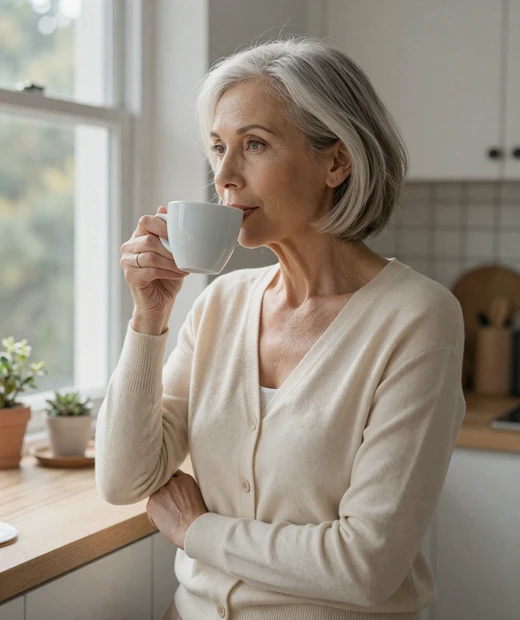 Elegant silver-haired woman in her late fifties sipping coffee in a bright kitchen, a genuine mature single on LunaMeet