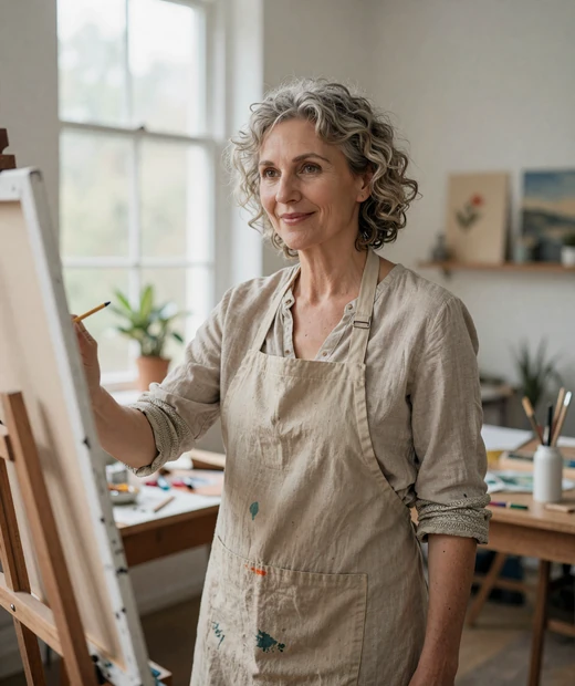 Woman in her mid-fifties with curly gray hair painting at an easel in a bright studio, an authentic LunaMeet member profile