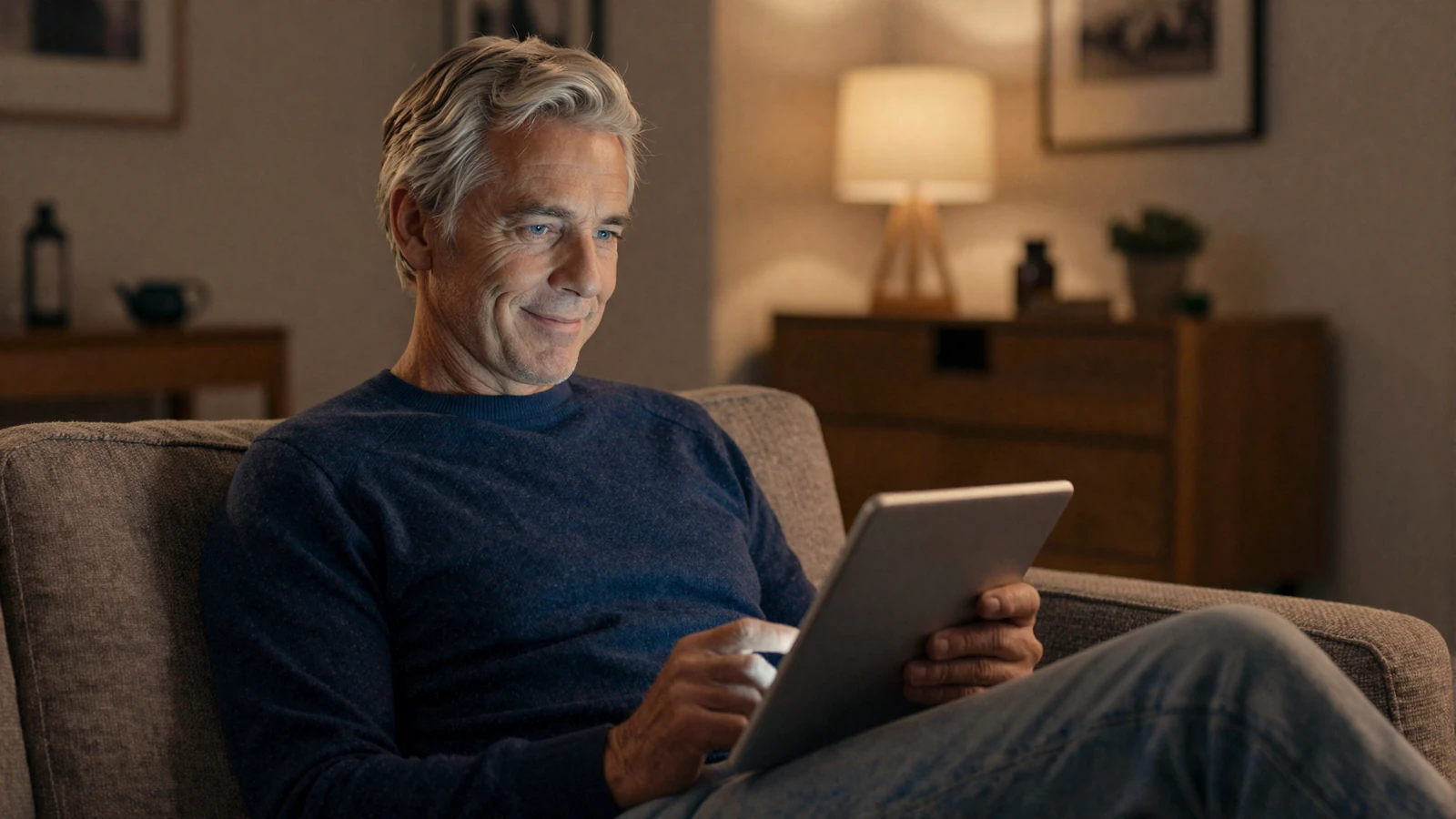 Relaxed man in his sixties smiling at a tablet in a cozy evening living room while learning how online dating works on LunaMeet