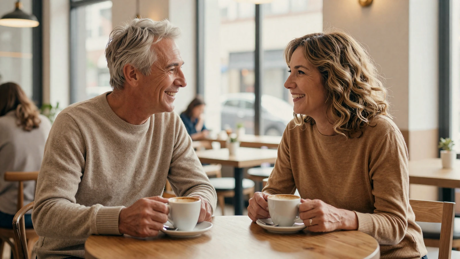 Mature couple in their late fifties chatting over coffee in a bright cafe, illustrating friendly online dating help for singles over 50 on LunaMeet