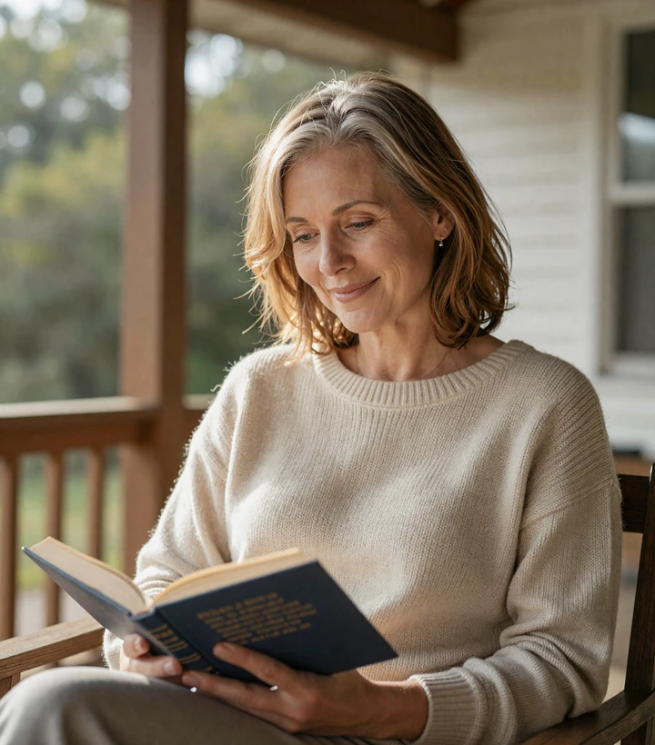 Woman in her early fifties reading a book on a sunlit porch, illustrating the relaxed pace of second-chance dating on LunaMeet