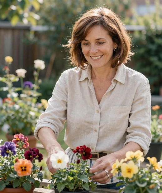 Smiling woman in her early fifties tending flowers in a sunny garden, an authentic LunaMeet member profile photo