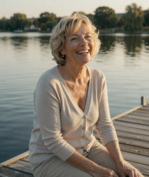 Cheerful woman in her early sixties with short blonde hair laughing on a lakeside dock, a real mature single on LunaMeet